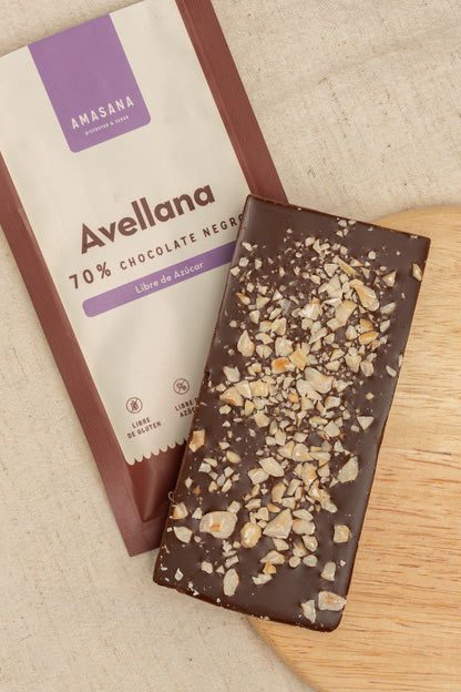 Barra de Chocolate Negro 70% con Avellanas (libre de azúcar)